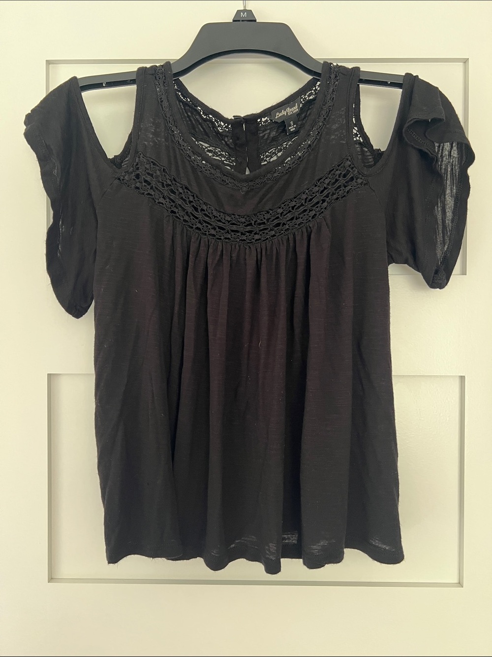 Vintage Y2K Lucky Brand Black Cold-Shoulder Crochet Yoke Top